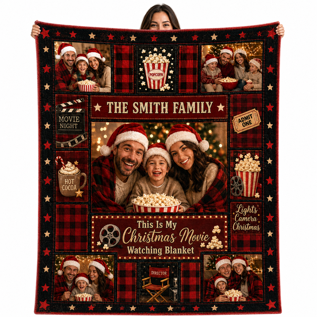 red plaid family movie night christmas blanket held up to show photo