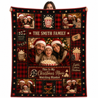 red plaid family movie night christmas blanket held up to show photo