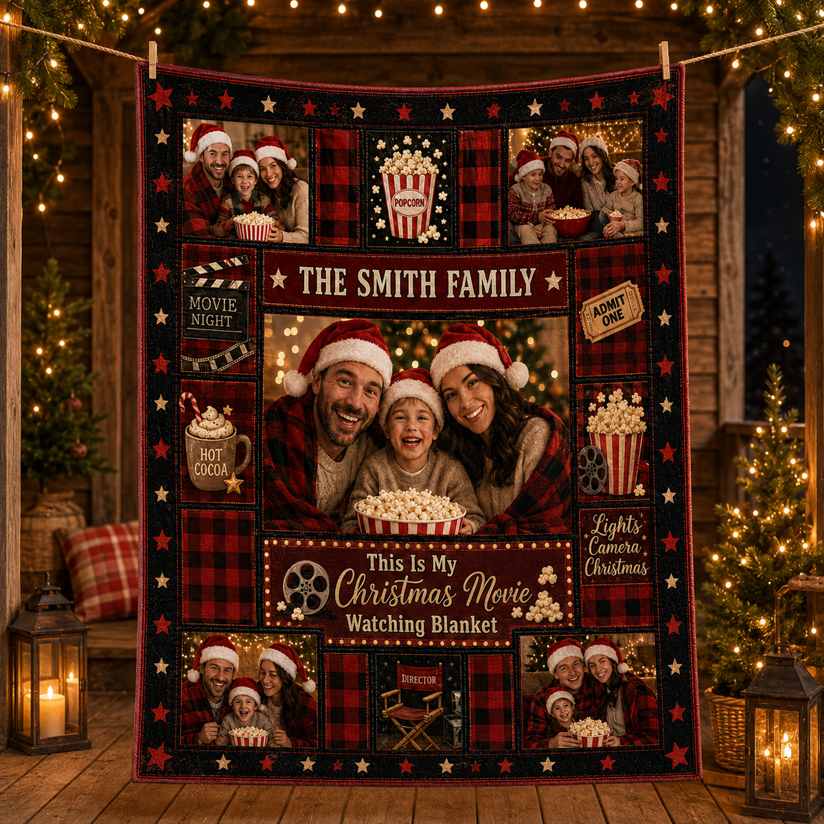 custom family photo throw blanket with popcorn and admit one ticket design