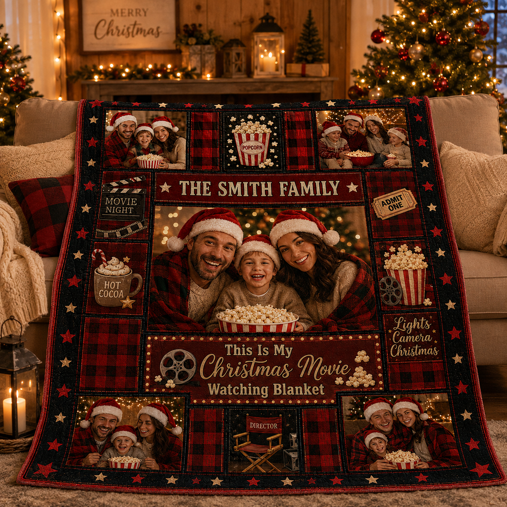 cozy fleece blanket on a couch next to a lit christmas tree