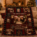 cozy fleece blanket on a couch next to a lit christmas tree