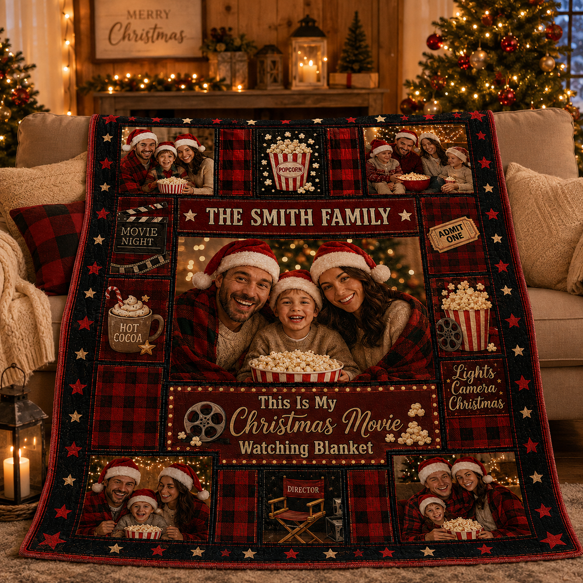 cozy fleece blanket on a couch next to a lit christmas tree
