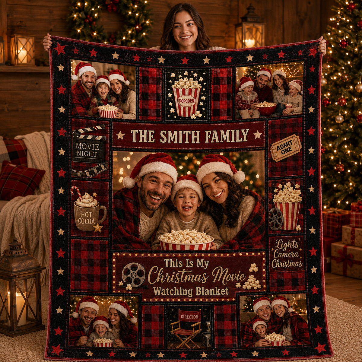 personalized christmas movie blanket with photos of a couple and child