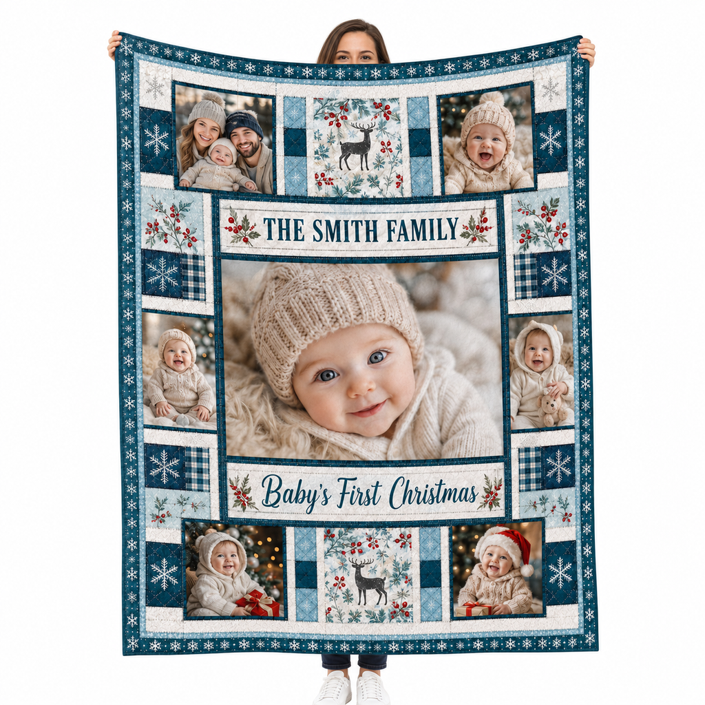 custom family name baby's first christmas photo blanket held up against