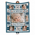 custom family name baby's first christmas photo blanket held up against