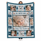 custom family name baby's first christmas photo blanket held up against