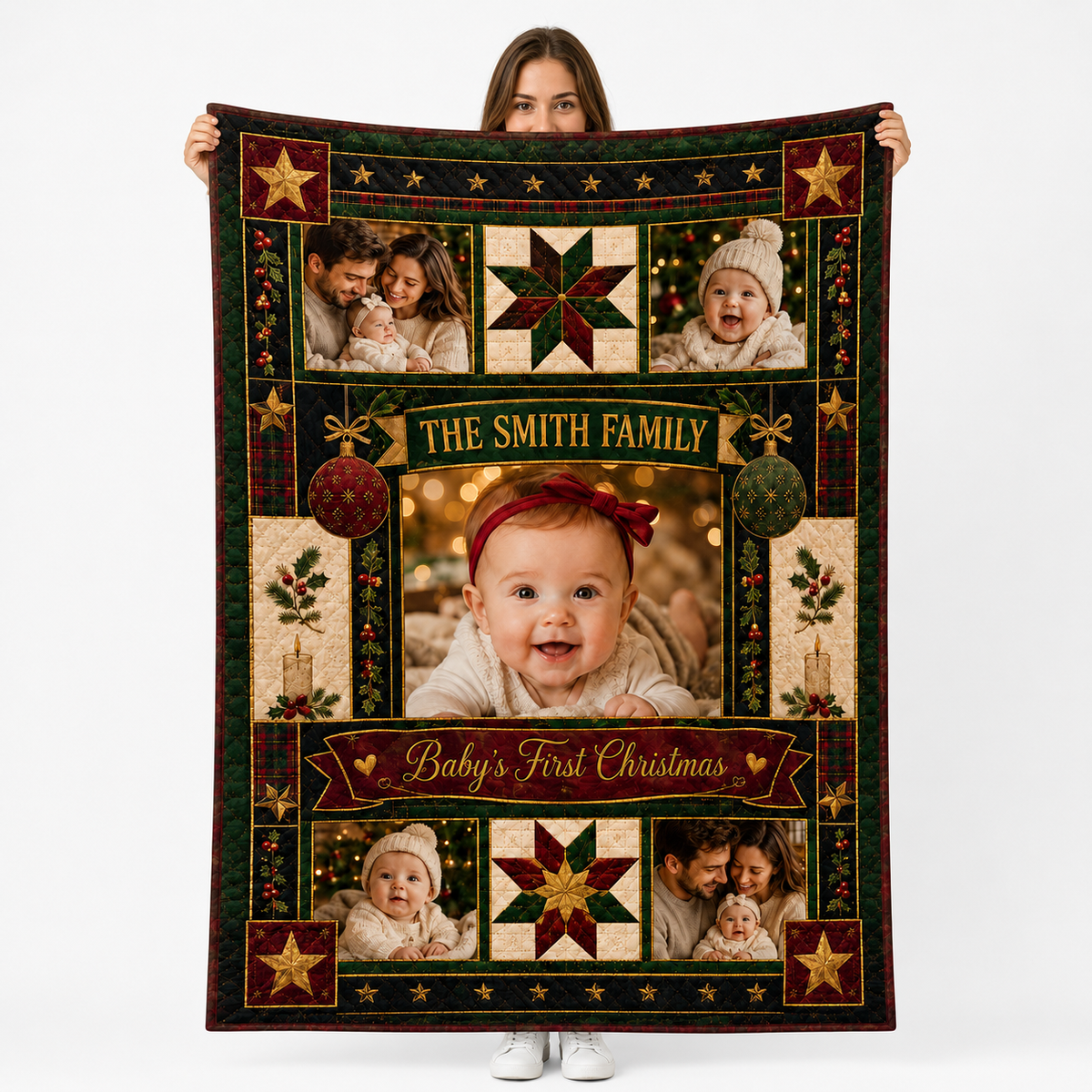 custom family name photo blanket with festive star patchwork