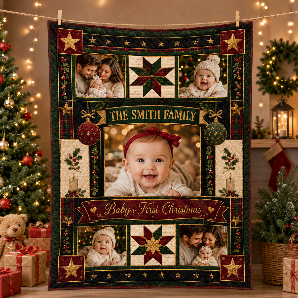 personalized christmas photo blanket hanging in living room