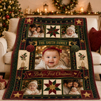 fleece photo blanket draped over couch by christmas tree