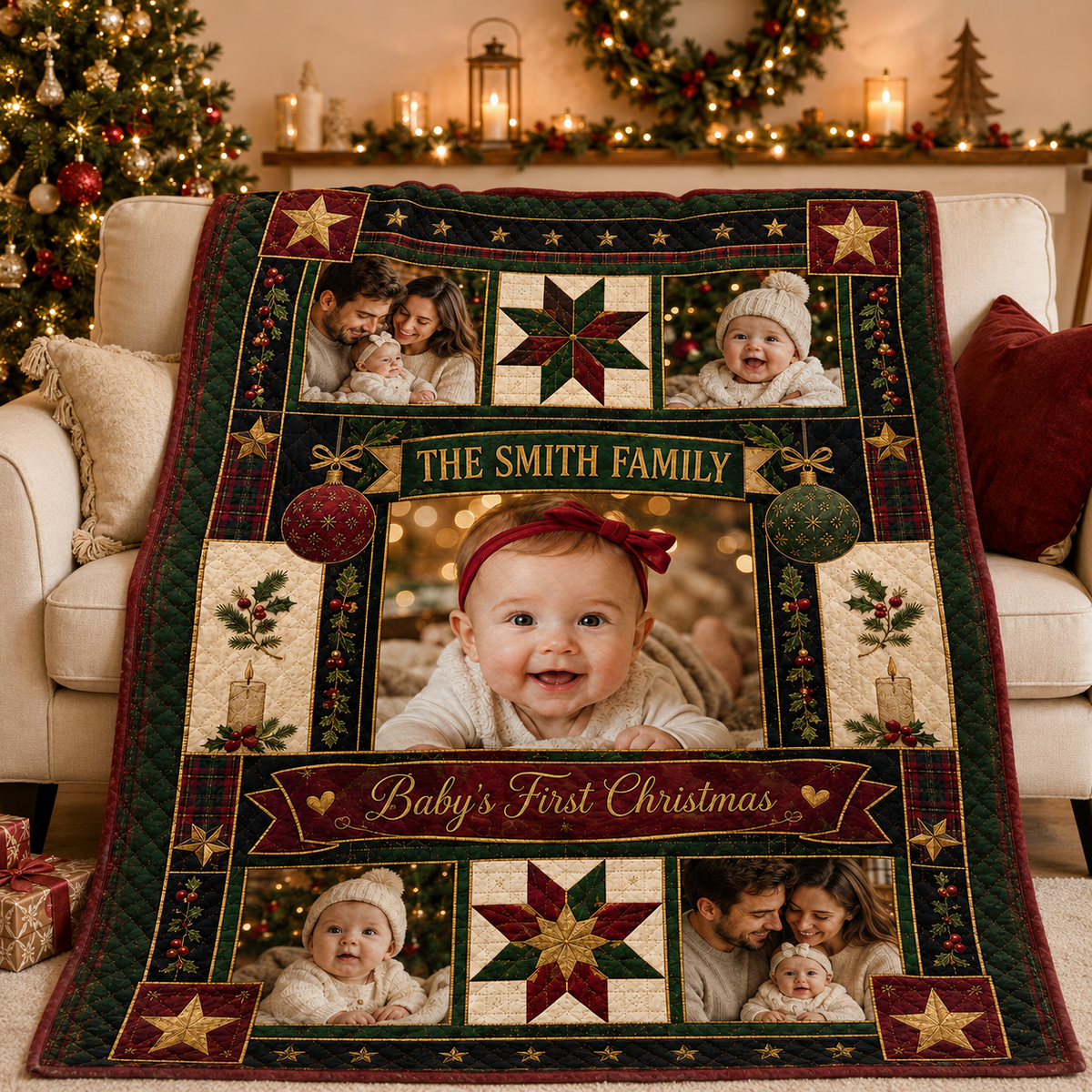 fleece photo blanket draped over couch by christmas tree
