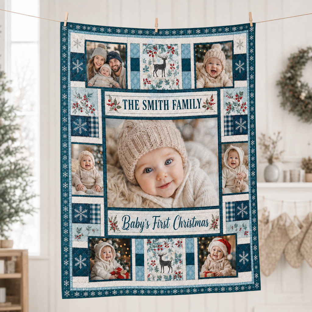 plaid holiday photo throw blanket hanging on a clothesline in a bright