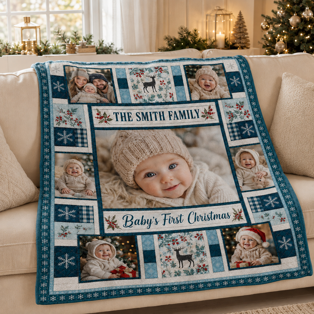 personalized baby's first christmas fleece blanket draped over a cream sofa