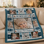 personalized baby's first christmas fleece blanket draped over a cream sofa