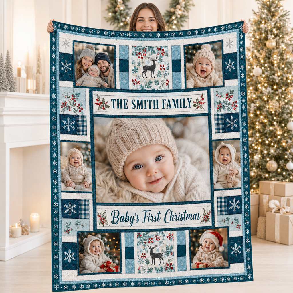 custom photo fleece blanket held open in front of a decorated christmas