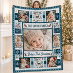 custom photo fleece blanket held open in front of a decorated christmas