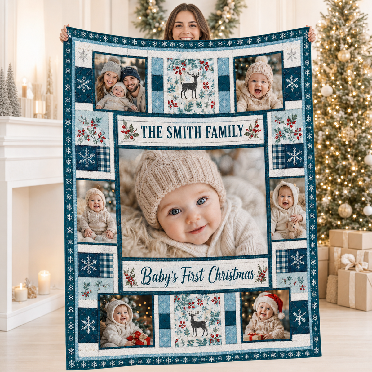 custom photo fleece blanket held open in front of a decorated christmas