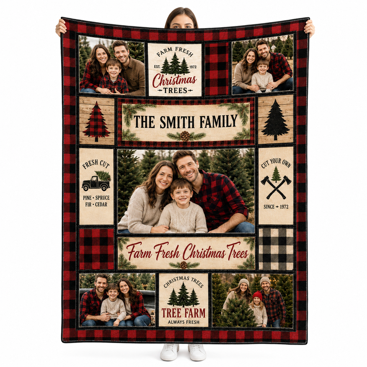 custom family photo collage christmas tree farm blanket with plaid border