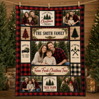 family photo collage fleece blanket hanging on rope in christmas tree lot