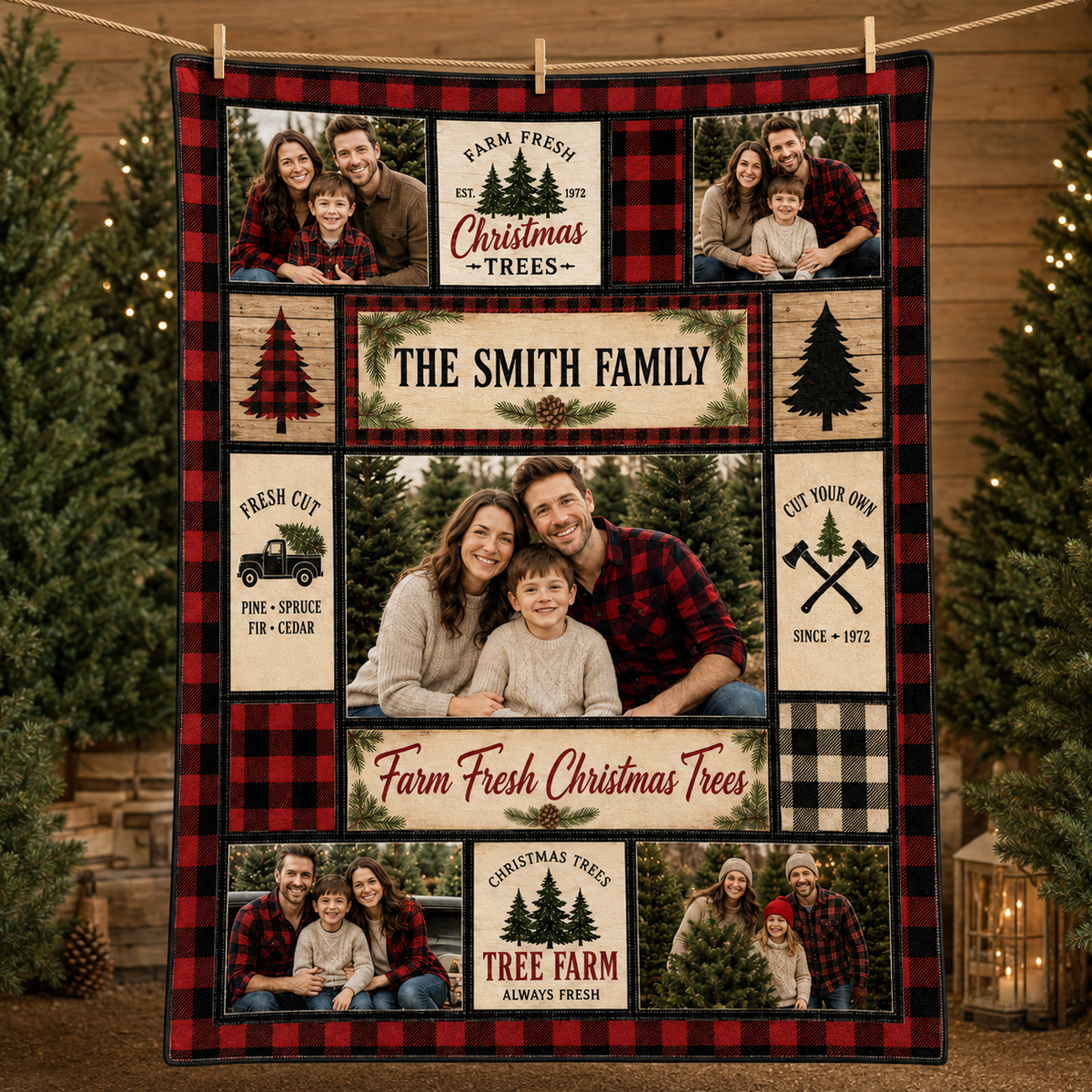 family photo collage fleece blanket hanging on rope in christmas tree lot