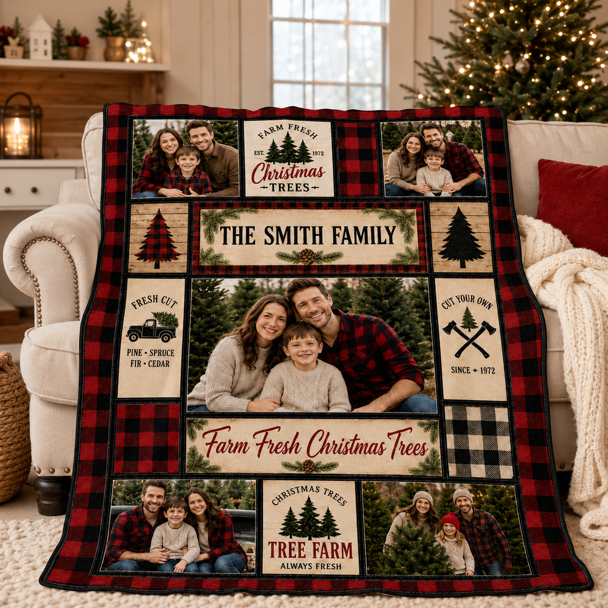 plaid christmas tree farm photo blanket draped on cream couch