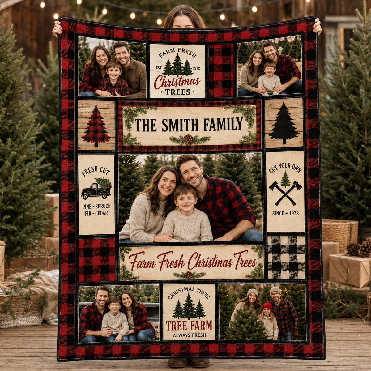 family photo christmas tree farm fleece blanket displayed at winter market