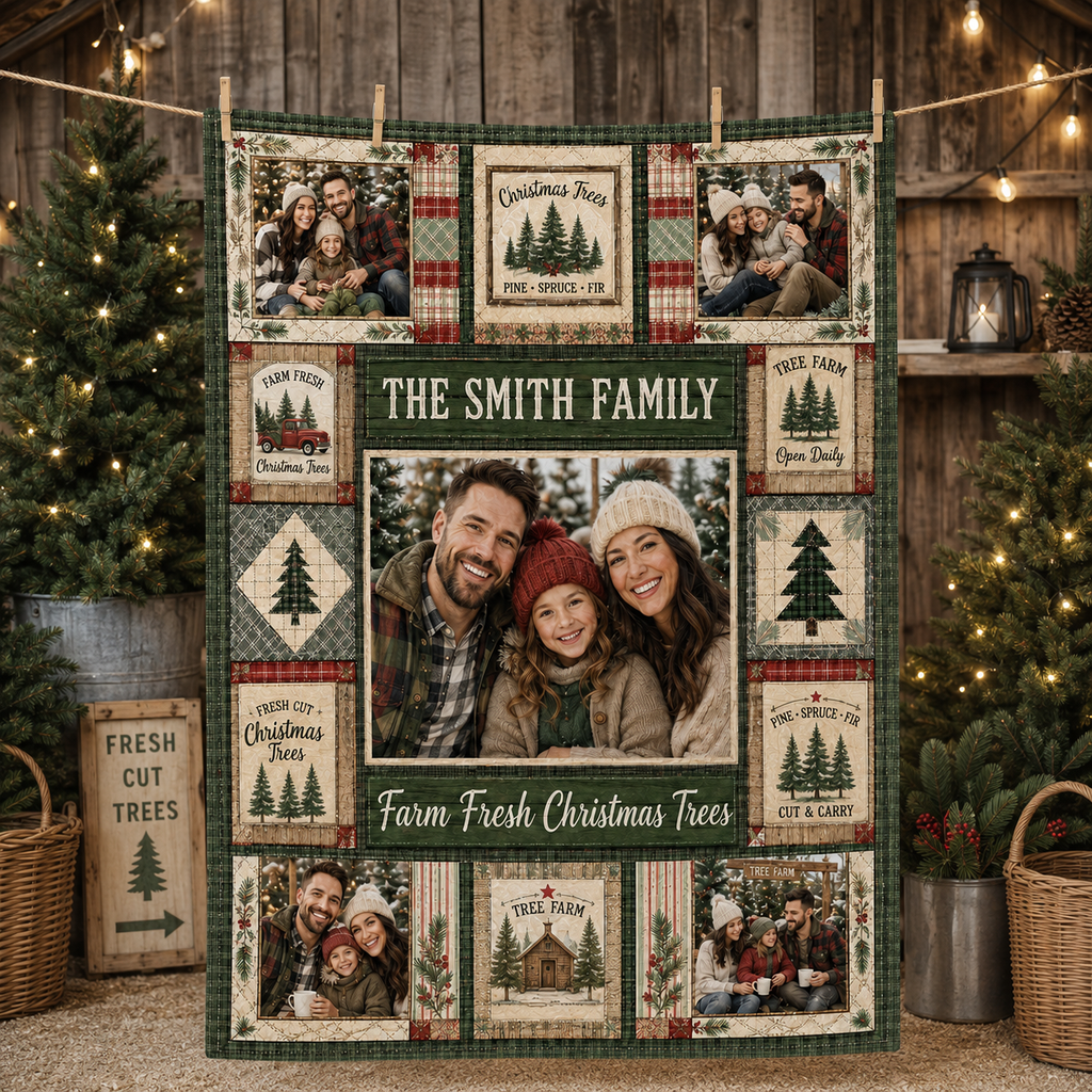 green plaid christmas tree farm photo blanket hung with string lights