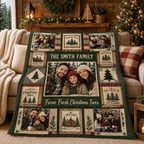 family photo collage throw blanket draped over a cozy sofa