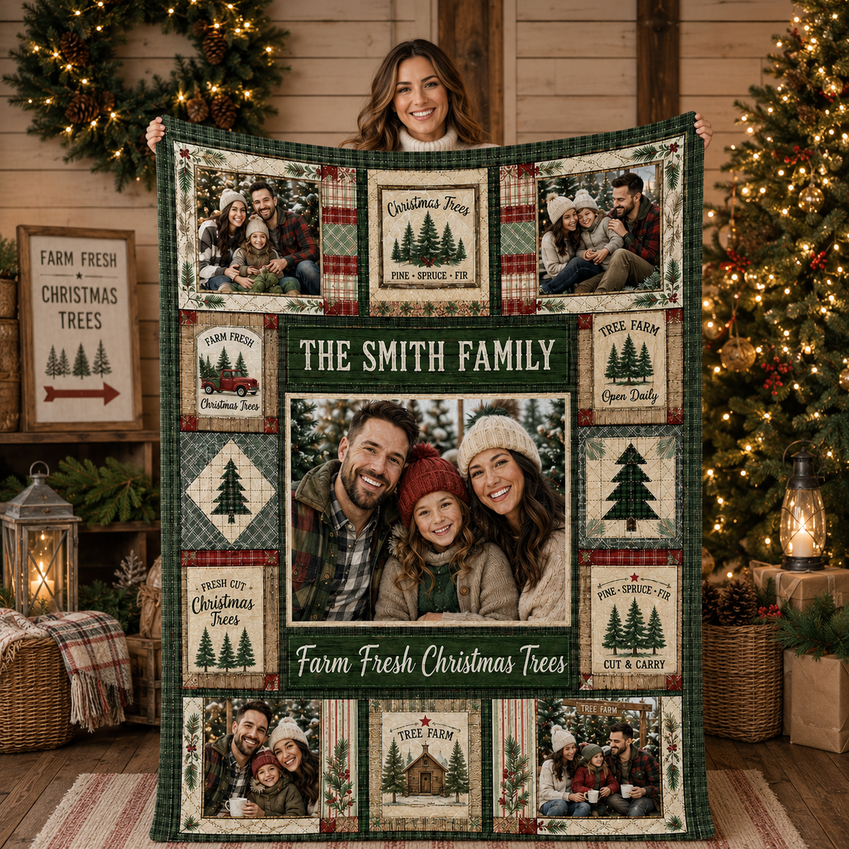 custom christmas tree farm photo blanket held up in festive room