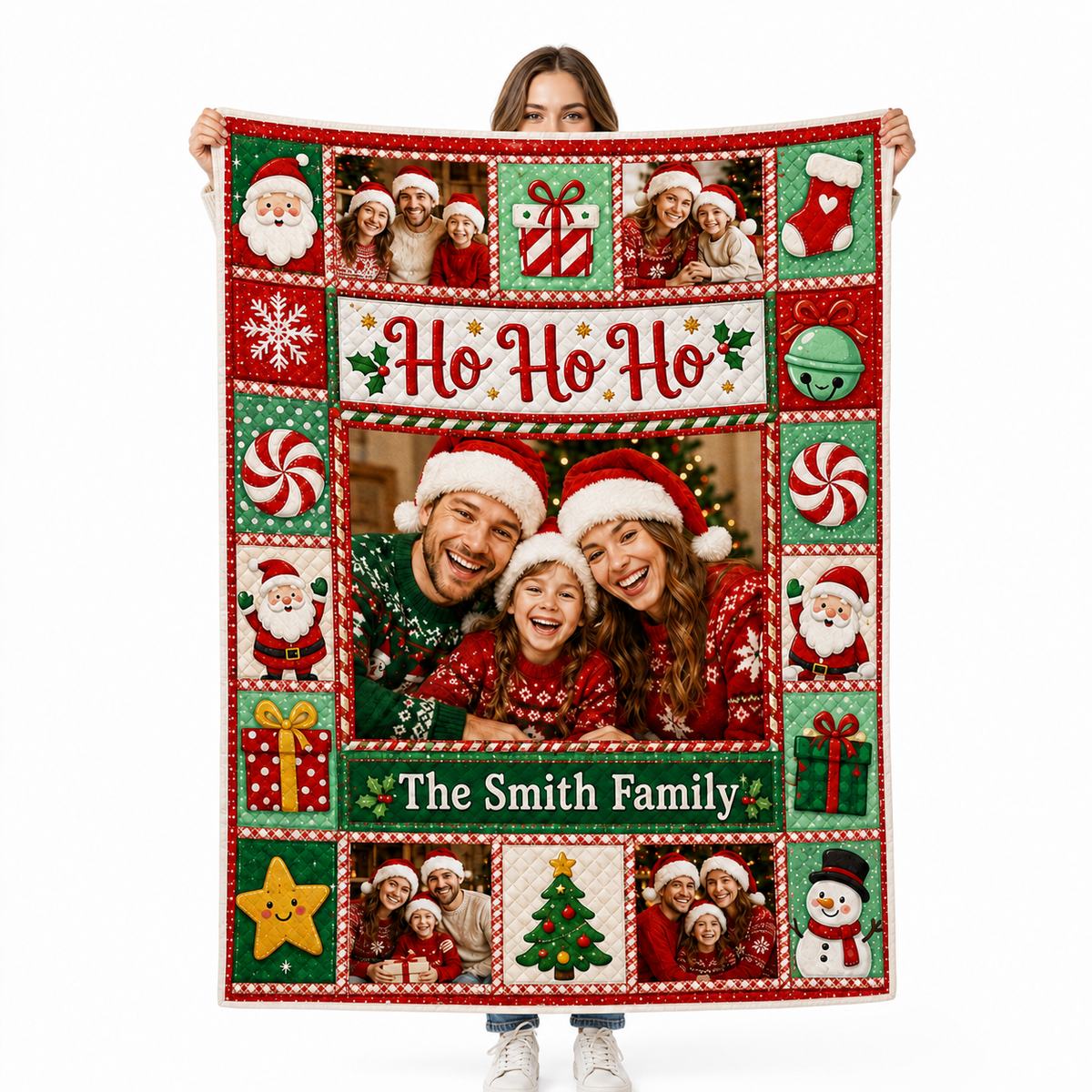 photo blanket with ho ho ho christmas family design held up against
