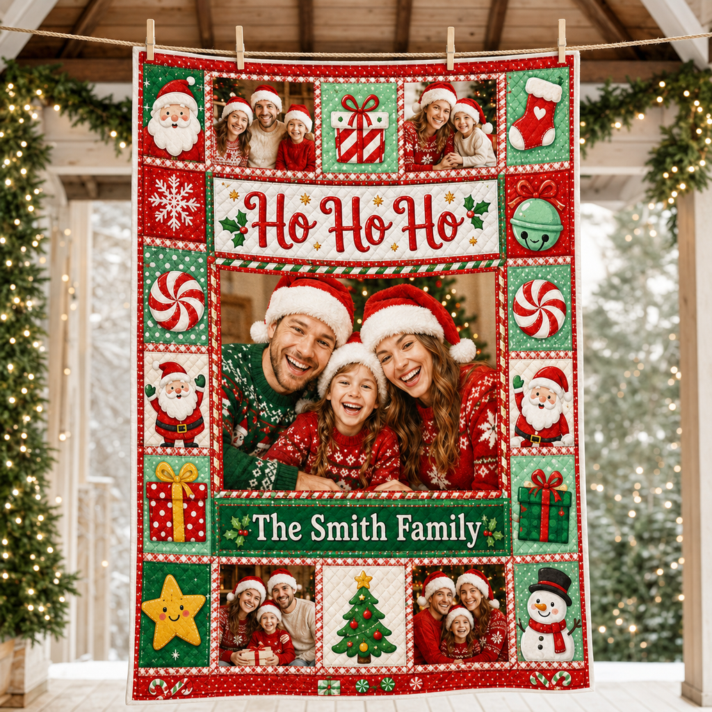 red and green christmas photo blanket hanging on porch railing with garland