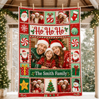 red and green christmas photo blanket hanging on porch railing with garland
