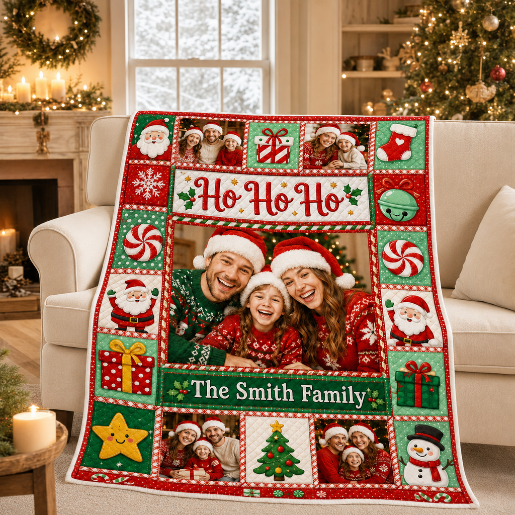 fleece photo blanket draped over armchair in cozy christmas living room