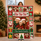 custom family photo blanket displayed in front of decorated christmas tree