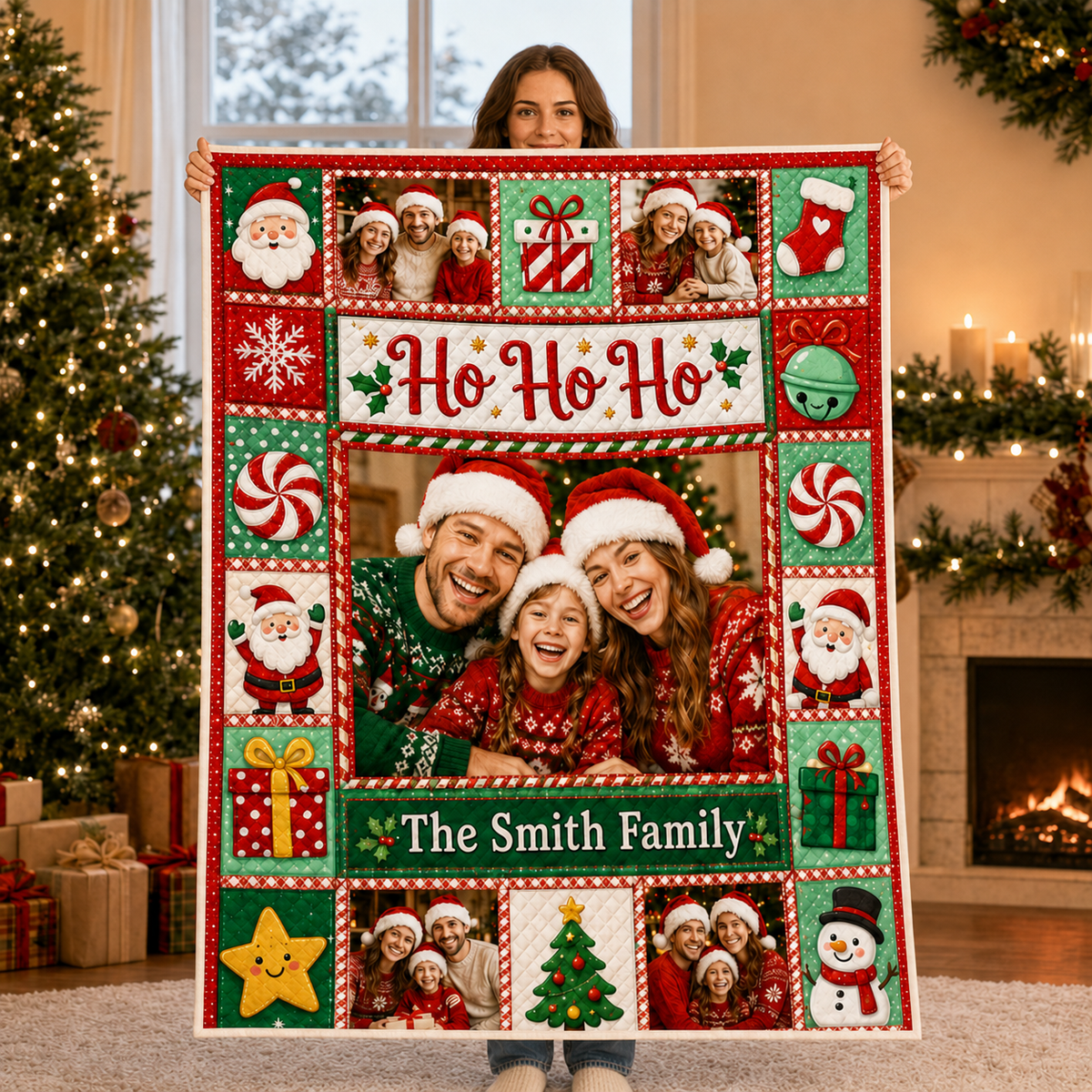custom family photo blanket displayed in front of decorated christmas tree