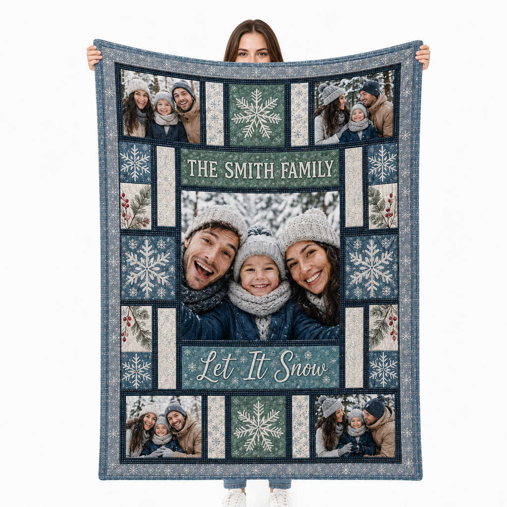 custom photo blanket with family name and snowflake design held up