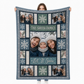 custom photo blanket with family name and snowflake design held up