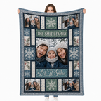 custom photo blanket with family name and snowflake design held up