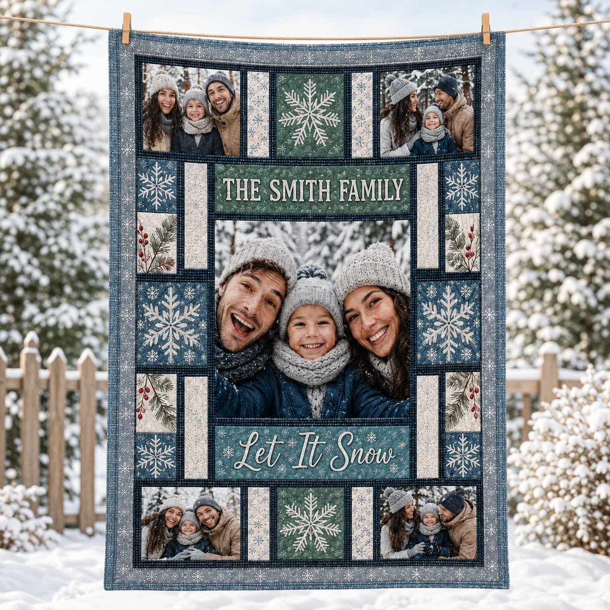 personalized fleece blanket hanging outdoors in snowy yard with family photos