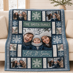let it snow photo throw blanket draped over beige sofa in living