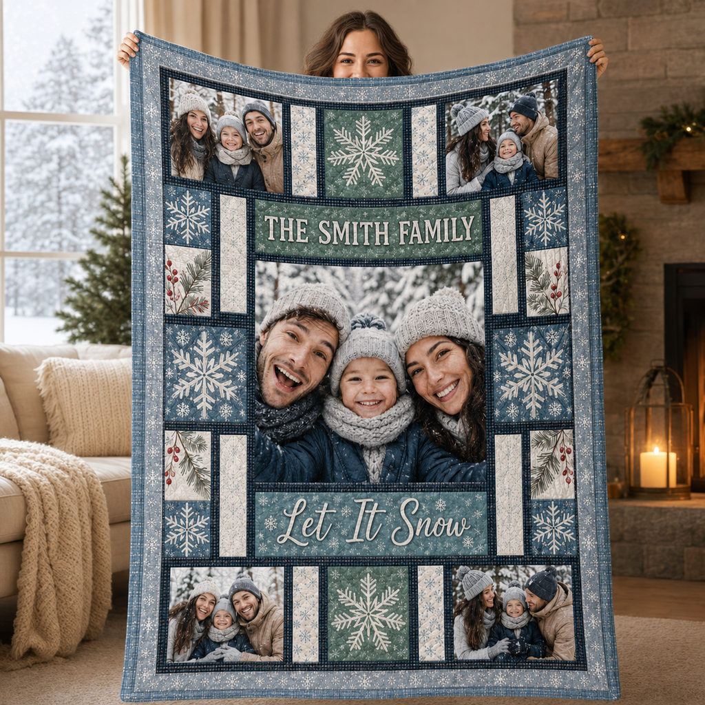 custom name family blanket held up indoors by woman in cozy room