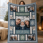 custom name family blanket held up indoors by woman in cozy room
