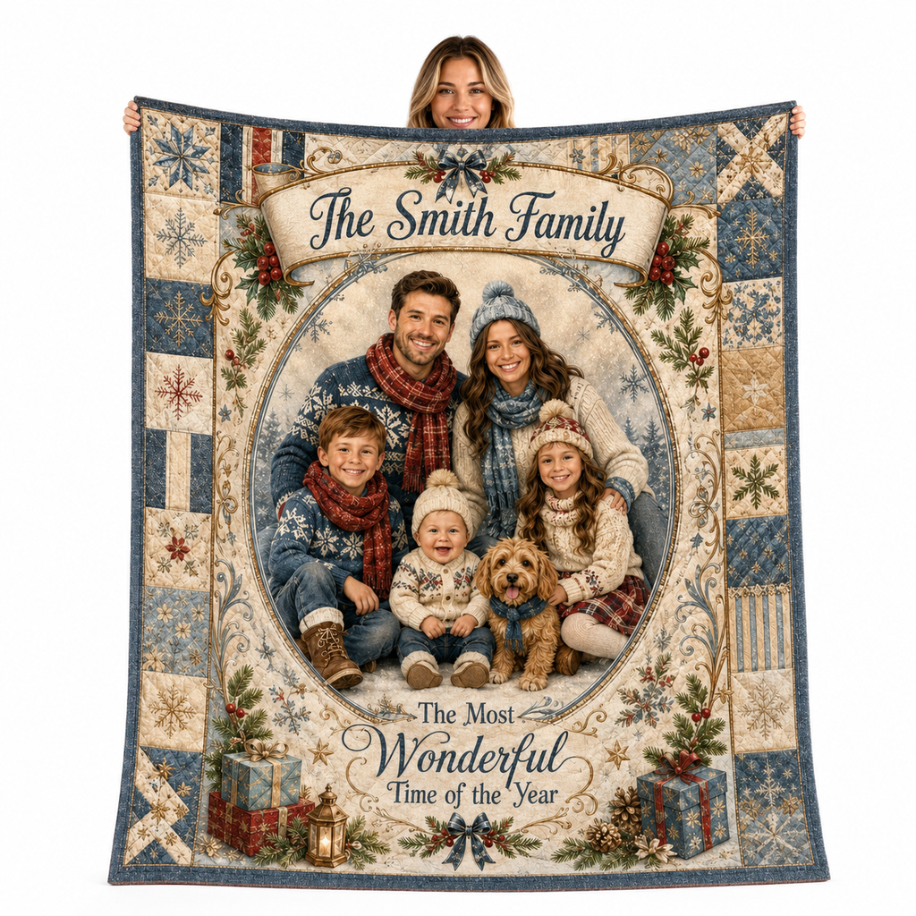 custom photo blanket with family name and christmas quote on flannel fleece
