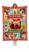 custom family photo blanket held up against a white background