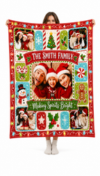 custom family photo blanket held up against a white background