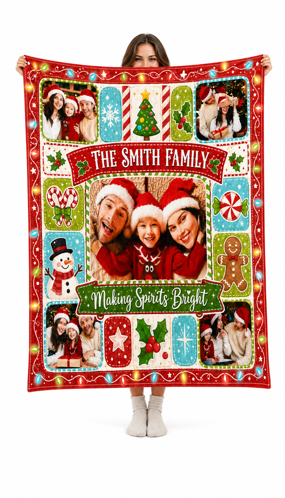 custom family photo blanket held up against a white background