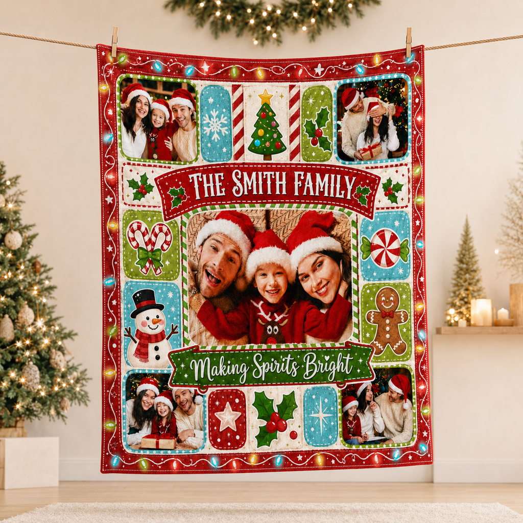 christmas family photo blanket hanging on a clothesline with tree