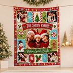 christmas family photo blanket hanging on a clothesline with tree