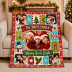 personalized photo fleece blanket draped over a beige armchair
