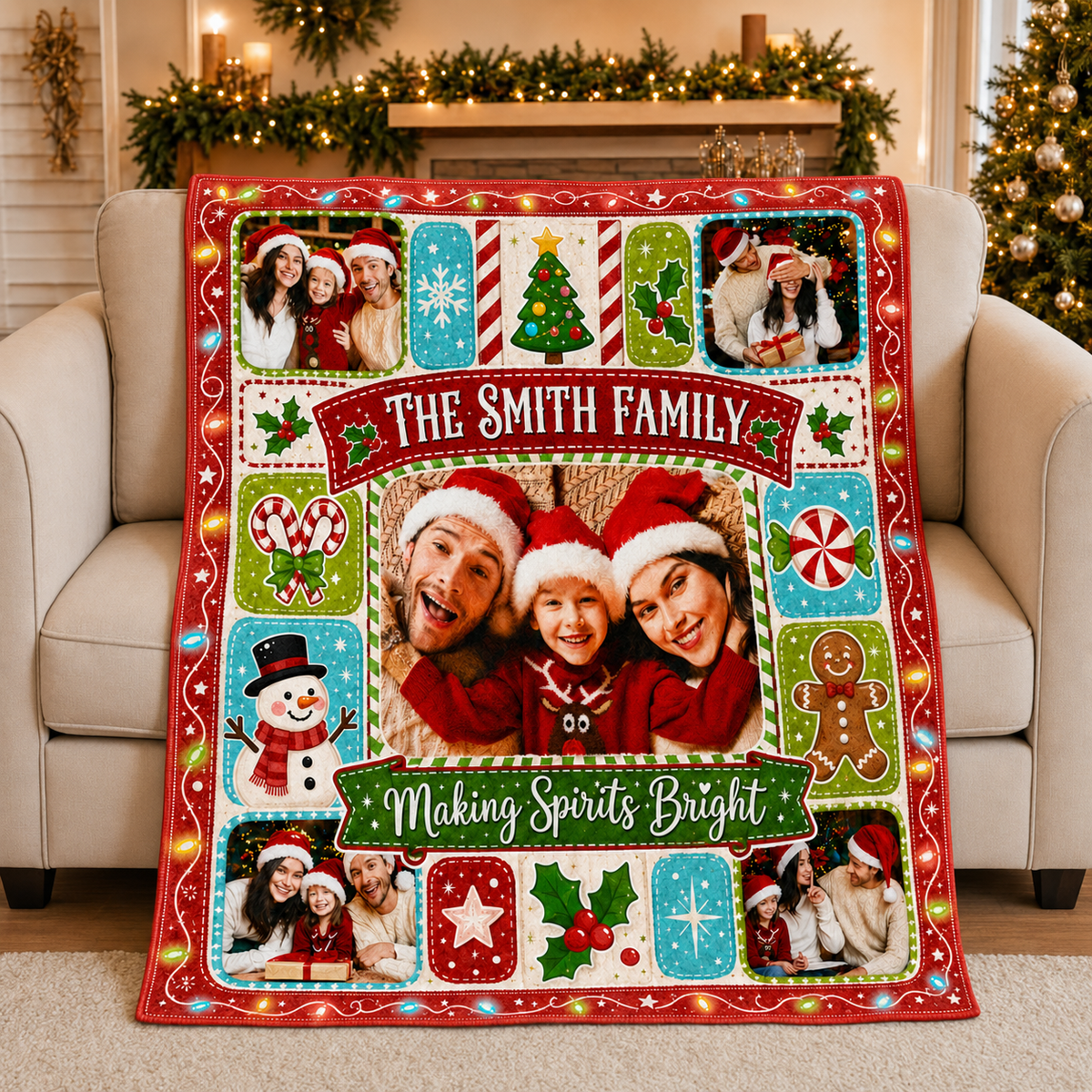 personalized photo fleece blanket draped over a beige armchair