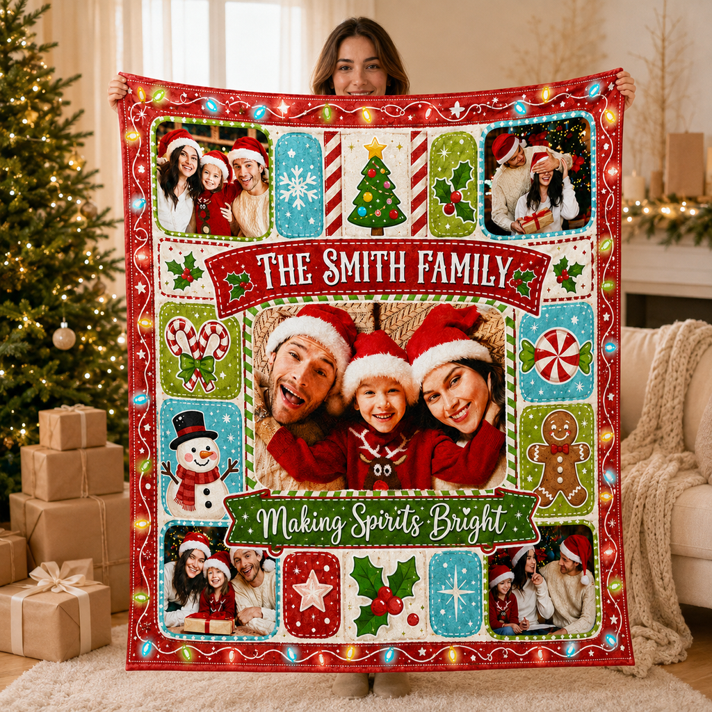 custom holiday photo throw held up in a cozy christmas living room